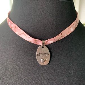 Necklace always heart pendant on floral ribbon choker